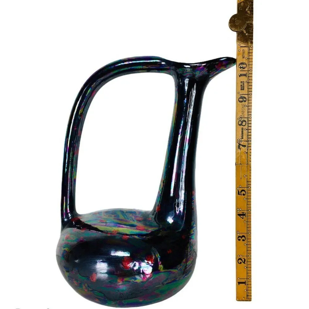 Vintage Black Iridescent Glazed Oil slick Petrol Gothic Bird Ewer Pitcher Vase